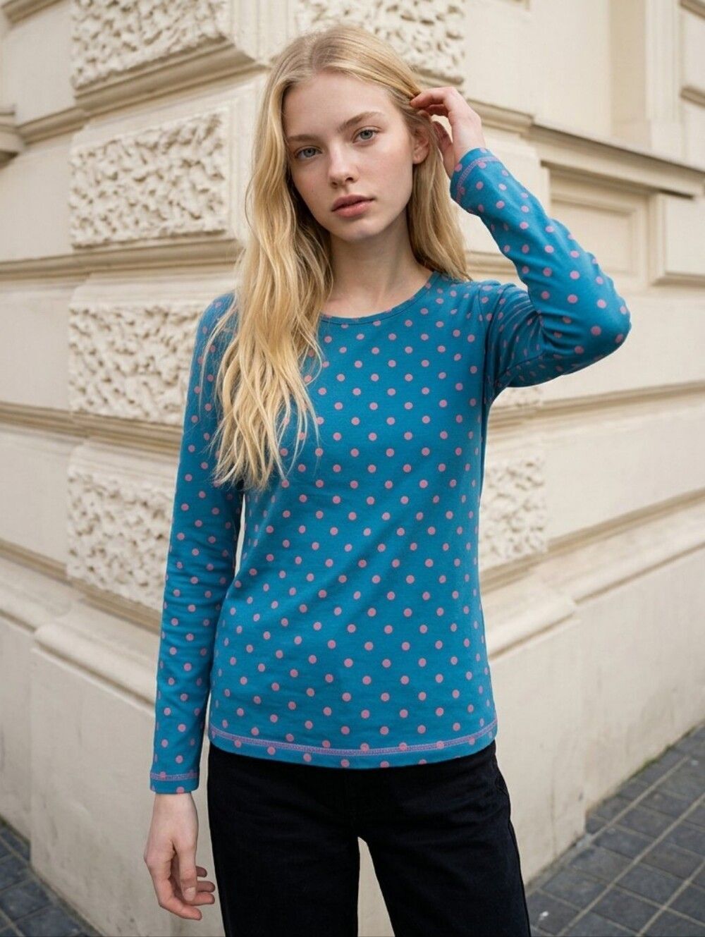 Matilda Jane Brisk Days Top Girls 14 Blue Pink Polka Dot Long Sleeve Tee Comfy